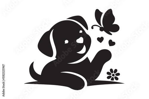 Dog Silhouette logo. Beautiful Black and White Dog, Canine, Hound, Pooch, Puppy, Mutt, Tyke, Doggy.	