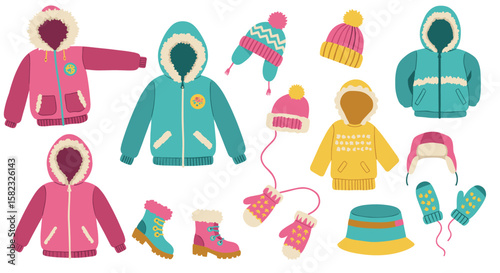 Colorful winter apparel collection featuring hoodies, hats, boots, and mittens in flat style
