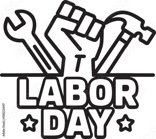 Labor Day Outline Illustration with Tools, Fist, and Sunburst Design
