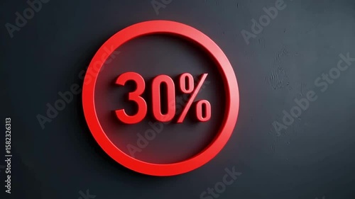 Discount promotion showcasing a large bright red 30 percent symbol on a dark wall background