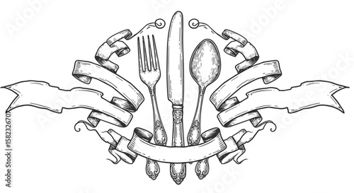Vintage cutlery design with ornate ribbons in hand-drawn style