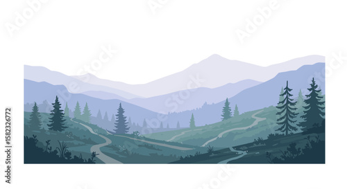 Tranquil mountain landscape with evergreen trees and curving trails in misty hills