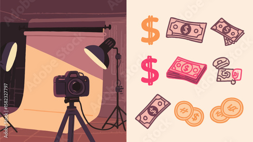 Camera on Tripod with Studio Lighting and Various Money Symbols in Creative