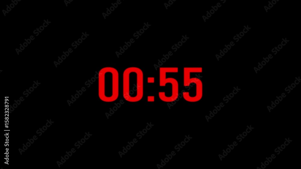 One minute countdown timer, sliding number animation, counting from one minute to zero, digital clock, 60 second scrolling countdown on black background.