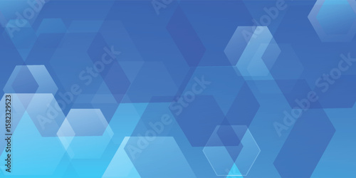 Abstract blue background featuring overlapping translucent geometric hexagonal shapes.