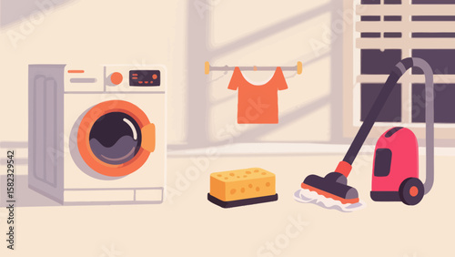 Efficient Laundry Scene with Washing Machine Vacuum Cleaner and Sponge at Home