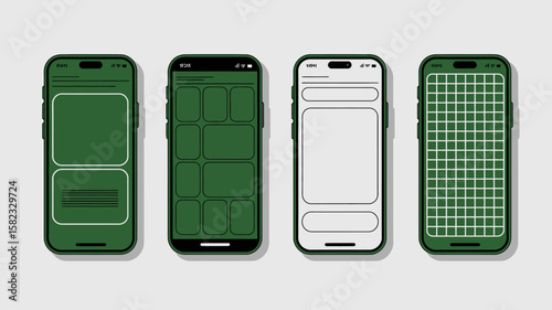 Four Different Smartphone Screens Displaying User Interface Designs in Green