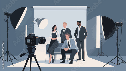 Group of Professionals Posing Together for a Studio Photoshoot with Cameras and