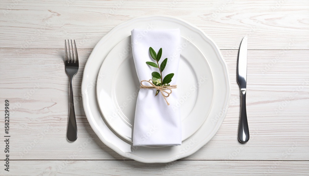 White plate and cutlery table setting with napkin for dinner or lunch White plate and cutlery table setting with napkin for dinner or lunch