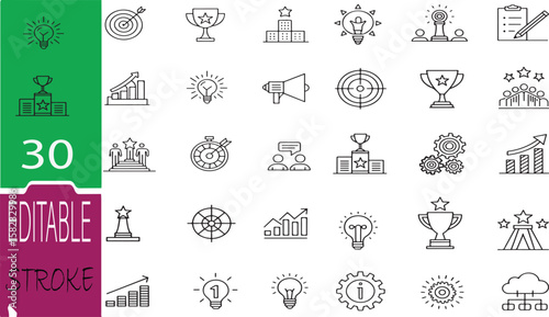 Success set of web icons in line style. Successful business development linear icon collection. Containing achievement, successful, strategy, winner, teamwork, goal, brainstorm. Editable stroke