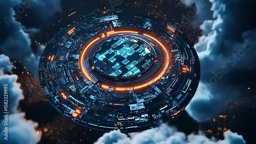 Futuristic digital cityscape floating amidst clouds, showcasing advanced technology and vibrant lights