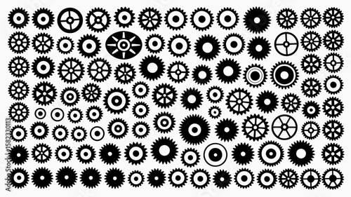 Intricate Pattern of Various Gears and Cogs in Black and White on a Uniform