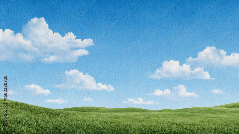 Obraz premium Abstract summer landscape watercolor background with blue sky, white clouds and green field. Watercolor illustration for interior, flyers, poster, cover, banner. Modern gradient painting by 73067336 1