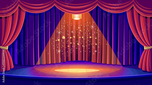 Theatrical Stage With Colorful Curtains and Spotlight for Dramatic Performance