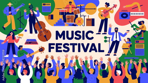 Vibrant Music Festival Illustration with Enthusiastic Crowd and Musicians