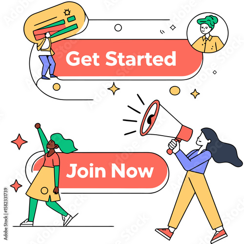 Illustration of people interacting with buttons labeled get started and join now with stars and circles
