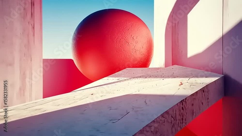 Abstract composition featuring a large red sphere and geometric structures under a vibrant sky