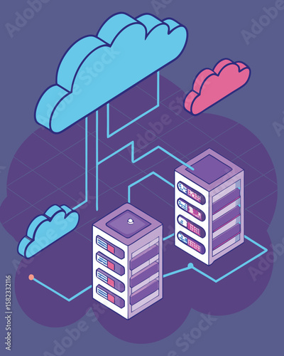 Isometric Cloud Computing Network Concept – Data Storage and Internet Technology Illustration