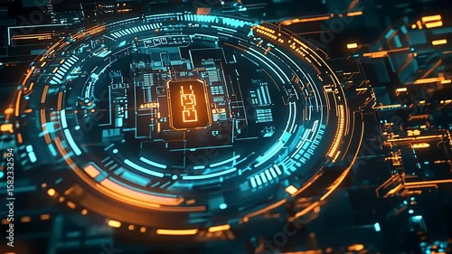 Futuristic digital circuit design with vibrant blue and orange lights showcasing technology advancements