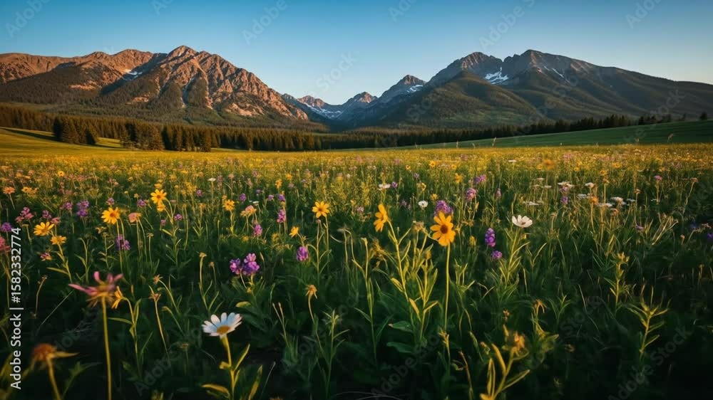 Wildflower Meadow at Sunset in the Mountains