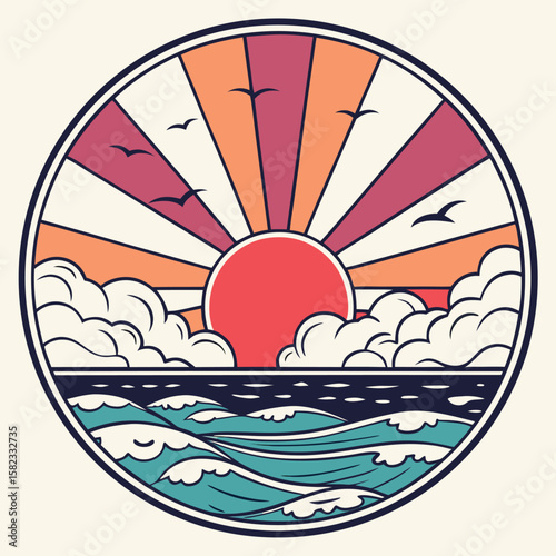 Retro Sunset Circle Design with Vibrant Sky and Ocean Bands