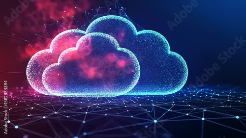 Digital representation of interconnected clouds with vibrant colors and network lines, symbolizing technology