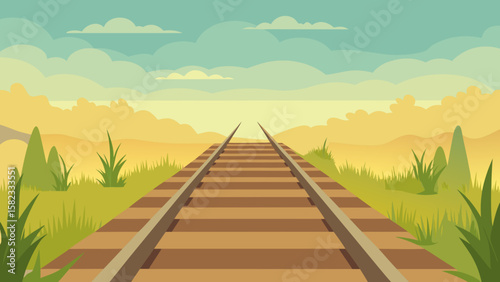 Abandoned Train Tracks with Overgrown Grass and Peaceful Horizon Vector Illustration