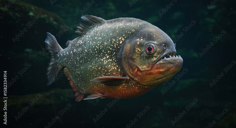 Fototapeta premium Piranha portrait in underwater environment with sharp teeth and reddish eyes looking menacingly