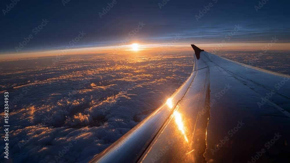 Experience the breathtaking moment as the sun rises above the clouds, casting golden light on the aircraft wing. A glorious start to a day's journey through the sky awaits. Experience the breathtaking moment as the sun rises above the clouds, casting golden light on the aircraft wing. A glorious start to a day's journey through the sky awaits.