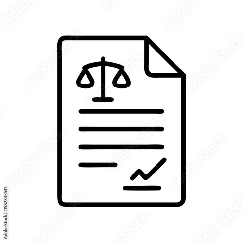 Legal document illustration with scales of justice and signature on paper. Legal document includes lines of text and is a sign of law and order.
