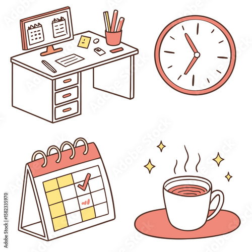 Illustration of a desk with computer calendar clock and coffee cup arranged for a productive day at work