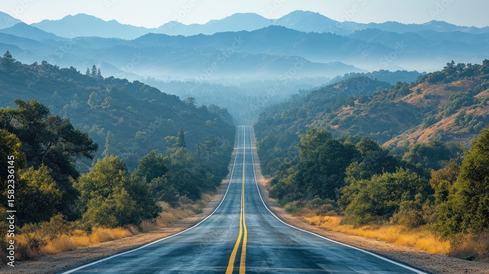 Fototapeta premium Misty Mountain Road Through Scenic Forest