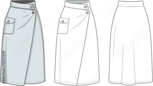 Wrap midi skirt flat sketch, women fashion technical drawing, button pocket design, front back view, vector apparel template