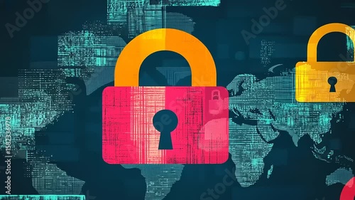 Colorful digital padlocks overlaying a world map, symbolizing cybersecurity and data protection