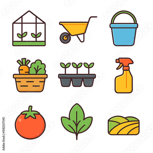 set of gardening tools and plants. Colorful flat icons of greenhouse wheelbarrow bucket vegetables seedlings spray bottle tomato leaf and farmland for gardening or farming design