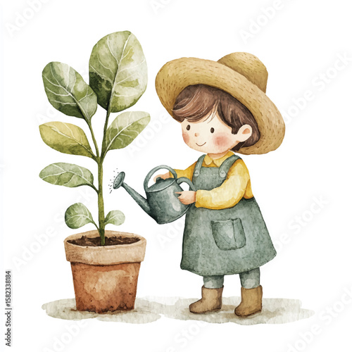 a child watering plants wearing a gardener hat