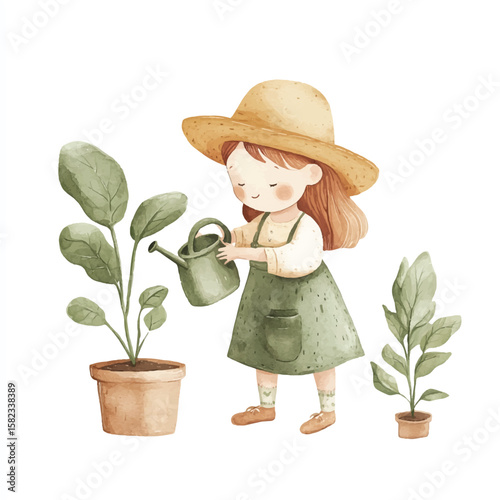 a child watering plants wearing a gardener hat
