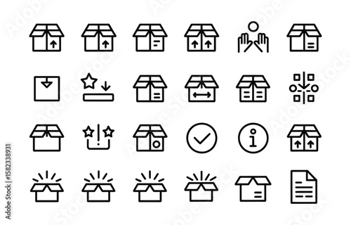 Package, delivery boxes, cargo box. Box line icons. Cargo distribution, export boxes, return parcel icons. Shipment of goods, purchase container, open package. Logistics goods. Vector