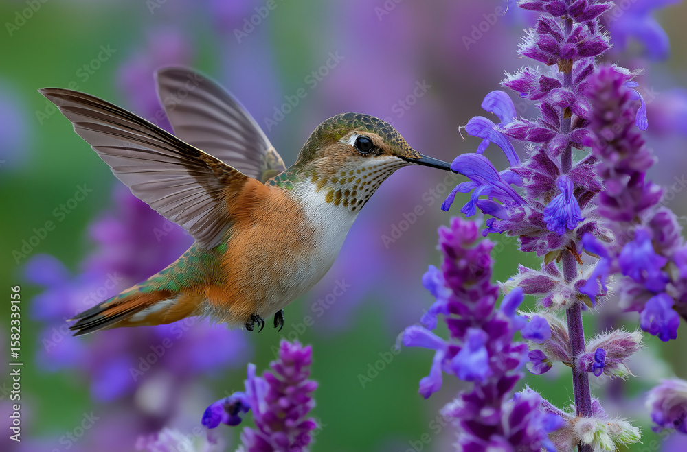 Fototapeta premium A hummingbird hovering near purple sage, its wings and beak visible as it drinks nectar