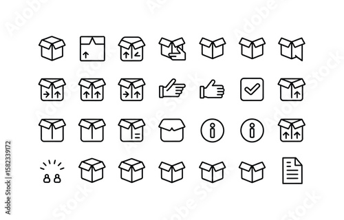 Package, delivery boxes, cargo box. Box line icons. Cargo distribution, export boxes, return parcel icons. Shipment of goods, purchase container, open package. Logistics goods. Vector