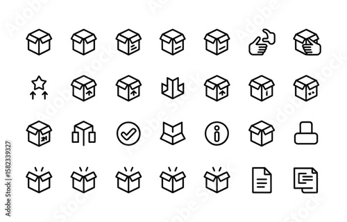 Package, delivery boxes, cargo box. Box line icons. Cargo distribution, export boxes, return parcel icons. Shipment of goods, purchase container, open package. Logistics goods. Vector