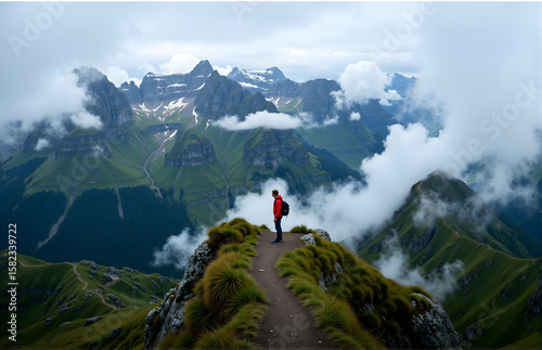 Hiker Overlooks Mountain Scenery