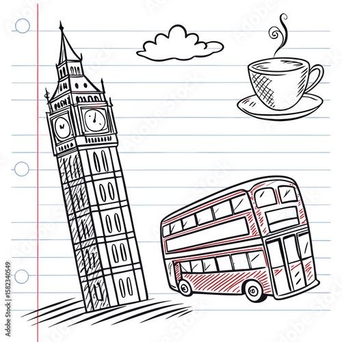 Sketch of london landmarks including big ben a double decker bus and a cup of tea on lined paper background