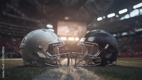 Two football helmets, one silver and one black, are positioned facing each other on a field under bright stadium lights, suggesting a forthcoming match or competition.