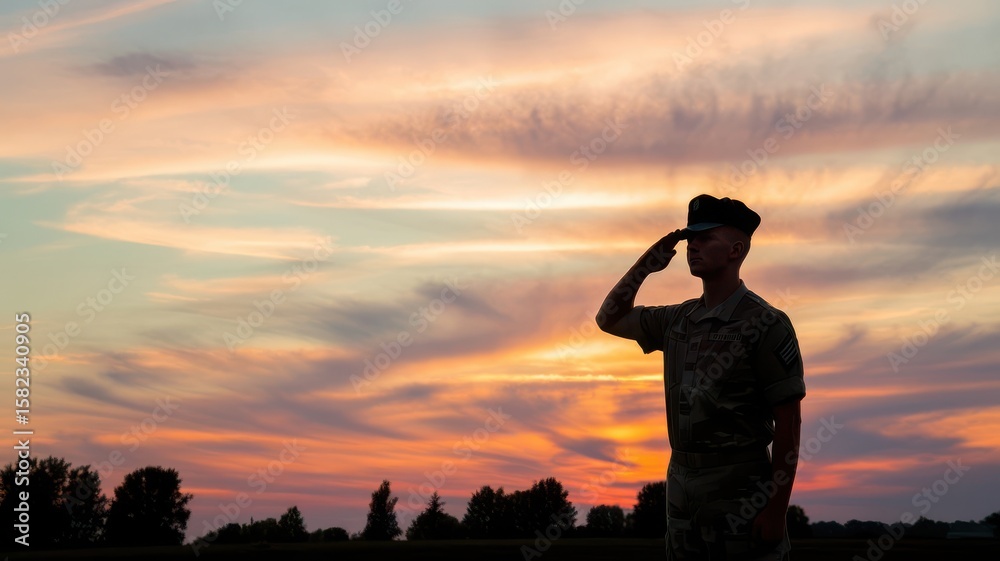 Fototapeta premium Silhouette of a soldier saluting against an expressive sunset background