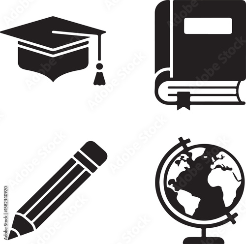 A versatile education icon set featuring symbols of graduation, learning, and academic success like the cap, diploma, and books for students