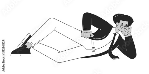 Relaxed latino male employee lying on side doodle linear character. Confident laidback hispanic businessman work rest 2D vector outline person isolated. Hand drawn drawing illustration monochrome