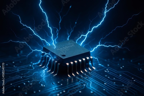 Electrical discharges hitting a microchip on a motherboard