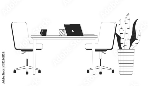 Office setup with laptop and coffee mugs doodle linear object. Desk with swivel chairs, snake plant, notebook 2D vector outline clip art drawing isolated on white. Hand drawn sketch illustration