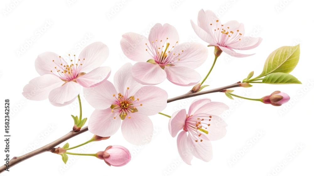 Naklejka premium A delicate branch adorned with pale pink blossoms against a pristine white backdrop in a close up view